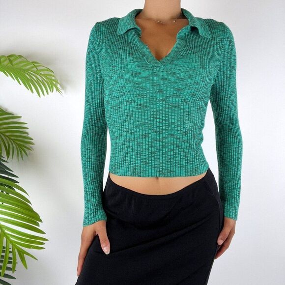 Women's Vintage Y2K Rue21Green Preppy Ribbed Knit Fitted Long Sleeve Top / Small - Picture 1 of 5